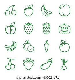 Ripe icons set. set of 16 ripe outline icons such as onion, carrot, peach, cherry, banana, eggplant, apple, cherry, raspberry, pumpkin haloween, pineapple