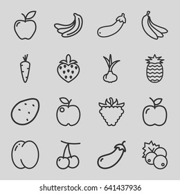 Ripe icons set. set of 16 ripe outline icons such as currant, potato, onion, carrot, peach, cherry, banana, eggplant, apple, raspberry, aubergine, strawberry
