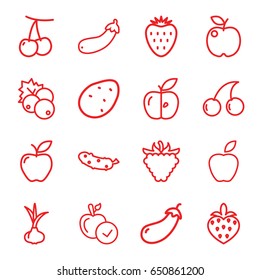 Ripe icons set. set of 16 ripe outline icons such as currant, potato, onion, cherry, eggplant, apple, cherry, cucumber, raspberry, aubergine