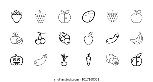 Ripe icons. set of 18 editable outline ripe icons: currant, potato, onion, carrot, cherry, apple, raspberry, aubergine, pumpkin haloween, banana, eggplant