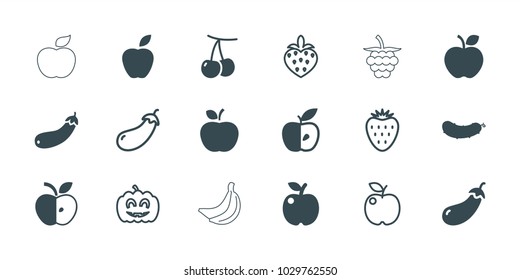 Ripe icons. set of 18 editable filled and outline ripe icons: cherry, eggplant, apple, aubergine, strawberry, pumpkin haloween, banana, raspberry