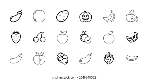 Ripe icons. set of 18 editable outline ripe icons: currant, potato, banana, eggplant, apple, cherry, strawberry, pumpkin haloween, peach, aubergine