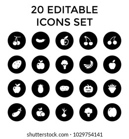 Ripe icons. set of 20 editable filled ripe icons such as potato, onion, peach, cherry, banana, eggplant, cauliflower, cherry. best quality ripe elements in trendy style.