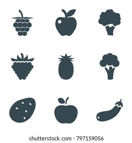 Ripe icons. set of 9 editable filled ripe icons such as potato, cauliflower, apple, raspberry, aubergine