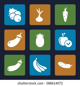ripe icons set. Set of 9 ripe filled icons such as currant, onion, carrot, eggplant, apple, cucumber, aubergine, banana