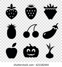 Ripe icons set. set of 9 ripe filled icons such as onion, eggplant, Cherry, raspberry, strawberry, pumpkin haloween, pineapple