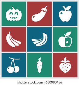 Ripe icons set. set of 9 ripe filled icons such as carrot, cherry, banana, eggplant, apple, strawberry