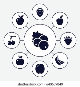 Ripe icons set. set of 9 ripe filled icons such as currant, peach, cherry, apple, raspberry, banana
