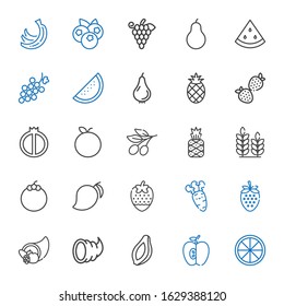 ripe icons set. Collection of ripe with orange, apple, papaya, cornucopia, strawberry, carrot, mango, mangosteen, wheat, pineapple, olive, tangerine. Editable and scalable ripe icons.