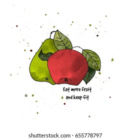 Ripe juicy apple and pear, vector illustration. Isolated on the background and easy to use for advertising juice, organic products, dietary nutrition.
