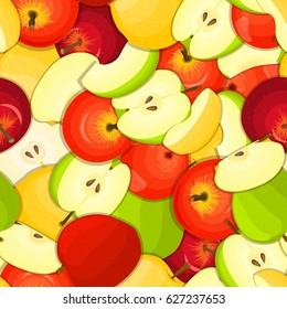 Ripe juicy apple seamless background. Vector card illustration. Closely spaced fresh apple fruits peeled, piece of half, slice. Apples seamless pattern for packaging design food, juce.