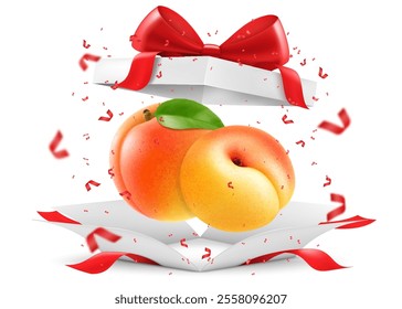 Ripe juicy apricot fruits in open gift box with a red bow isolated on transparent background. Delicious sweet fruit. Realistic 3d vector illustration. Summer design. Concept of healthy food,