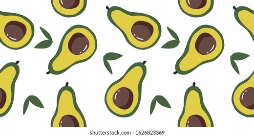 Ripe, juicy avacado in a cut with leaves, geometric seamless pattern on a white background, vector. Pattern for printing on fabrics, festive and confectionery packaging, wallpaper, wrapping and scrap.