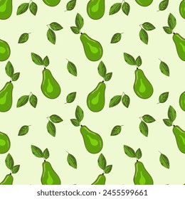 Ripe, juicy avocado cut with leaves, seamless geometric pattern, vector.Hand drawn in doodle style.Design for printing on fabrics, holiday and confectionery packaging, wallpaper, wrapping and scrap