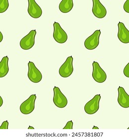 Ripe, juicy avocado cut with leaves, seamless geometric pattern, vector.Hand drawn in doodle style.Design for printing on fabrics, holiday and confectionery packaging, wallpaper, wrapping and scrap