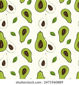 Ripe, juicy avocado cut with leaves, seamless geometric pattern, vector.Hand drawn in doodle style.Design for printing on fabrics, holiday and confectionery packaging, wallpaper, wrapping and scrap