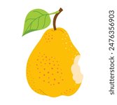 Ripe juicy bitten Pear with leaves. Yellow Pear eaten cartoon image art. Hand drawn trendy flat style isolated on transparent background. Healthy vegetarian snack for design. Vector illustration