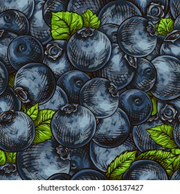 Ripe juicy blueberry seamless background. Vector card illustration. Closely spaced fresh berry and leaves. Blueberries pattern for packaging design food.