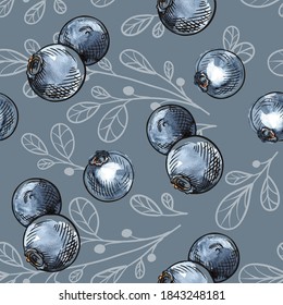 Ripe juicy blueberry seamless background. Vector card illustration. Closely spaced fresh berry and leaves, berries pattern for design food.