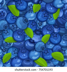 Ripe juicy blueberry seamless background. Vector card illustration. Closely spaced fresh berry and leaves. Blueberries pattern for packaging design food, juice jam ice cream, smoothies cosmetics detox