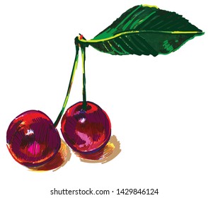 
Ripe juicy cherries. Multi-colored pattern in the style of pop art. Sketch, quick drawing.