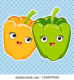 Ripe juicy colorful bell peppers with kawaii face. Coloring, sticker, postcard, scrapbooking, products for children. Vector illustration