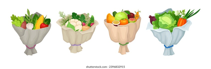 Ripe and Juicy Fruit and Vegetable Bunch or Bouquet Wrapped in Paper Vector Set