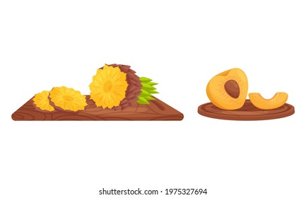Ripe and Juicy Fruits Rested on Wooden Cutting Board Showing Sweet Flesh with Seed Vector Set