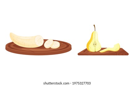 Ripe and Juicy Fruits Rested on Wooden Cutting Board Vector Set