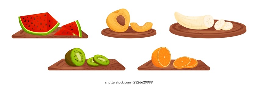 Ripe and Juicy Fruits Rested on Wooden Cutting Board Showing Sweet Flesh with Seed Vector Set
