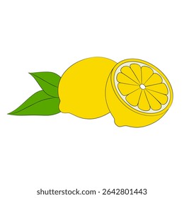 Ripe juicy lemon. Whole citrus and half. Vector illustration of ripe fruit. Diet and vegetarian food.