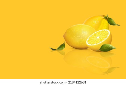 Ripe juicy lemons, and orange and green leaves on bright yellow background. Lemon fruit, citrus minimal concept, vitamin C. Creative summer minimalistic background. Flat lay, top view, copy space.