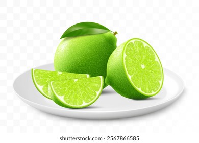 Ripe juicy lime on a white plate isolated on a transparent background. Whole lime fruits and sliced. Healthy vitamin food. Realistic 3d vector illustration