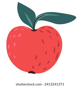 Ripe and juicy natural red apple fruits with leaves. Organic and delicious, nutritious healthy food from farm. Summer vitamin dietary fruit for vegans, vegetarians and gourmets. Vector in flat style