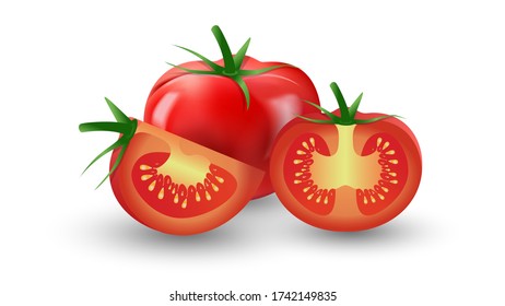 Ripe juicy natural tomato. Appetizing chopped tomato. Half. Realistic vector illustration. For promotional products. Isolated. 3d