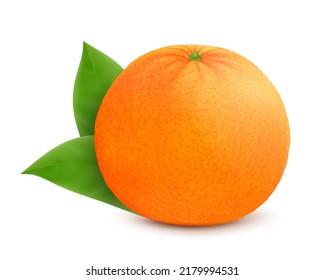Ripe juicy orange with leaves, isolated on white background. Realistic 3d vector illustration.