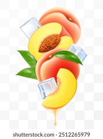 Ripe juicy peach and ice cubes with leaves in swirl motion. Composition of whole fresh peach, half and slices of peach fruits, 3D realistic vector illustration isolated on transparent background.