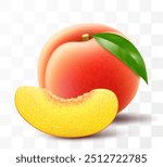 Ripe juicy peach isolated on transparent background. Whole and slices of peach. Delicious sweet fruit. Realistic 3d vector illustration. Summer design. Concept of healthy food, vegetarian dieting