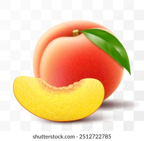 Ripe juicy peach isolated on transparent background. Whole and slices of peach. Delicious sweet fruit. Realistic 3d vector illustration. Summer design. Concept of healthy food, vegetarian dieting