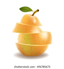 Ripe juicy pear fruit and slices on a white background