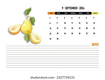 Ripe, juicy pear. September, month 2024. Healthy food calendar template. Page. Diary planner