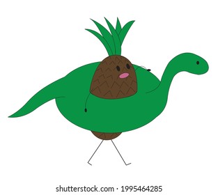 Ripe juicy pineapple in a swimming ring in the form of a dinosaur runs to bathe. Vector stock illustration isolated on white background.