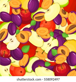 Ripe juicy plum apple background. Vector card illustration. Closely spaced fresh plums applles peeled, piece of half, slice, seed appetizing looking pattern for packaging design healthy food diet