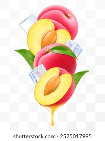 Ripe juicy plum and ice cubes with leaves in swirl motion. Composition of whole fresh plum, half and slices of plum fruits, 3D realistic vector illustration isolated on transparent background.