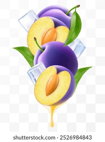 Ripe juicy plum and ice cubes with leaves in swirl motion. Composition of whole purple plum, half and slices of plum fruits, 3D realistic vector illustration isolated on transparent background.