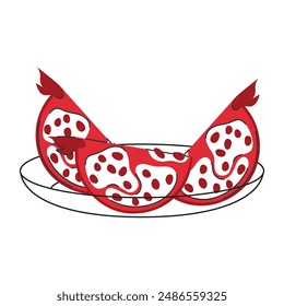 Ripe juicy pomegranate pieces on line art plate. Quarter of red fruit, healthy summer food
