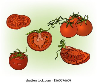 Ripe and juicy red tomato. A set of tomatoes. Summer, harvest, vegetables and fruits.