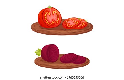 Ripe and Juicy Sliced Beetroot and Tomato Rested on Cutting Board Vector Set