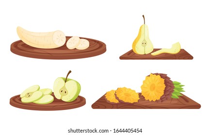 Ripe Juicy Sliced Fruits on Wooden Cutting Board Vector Set