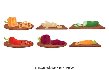 Ripe Juicy Sliced Vegetables on Wooden Cutting Board Vector Set